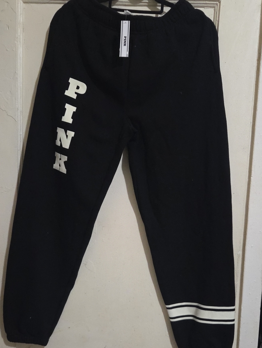 PINK Victoria's Secret Black Joggers with White Logo and Stripe